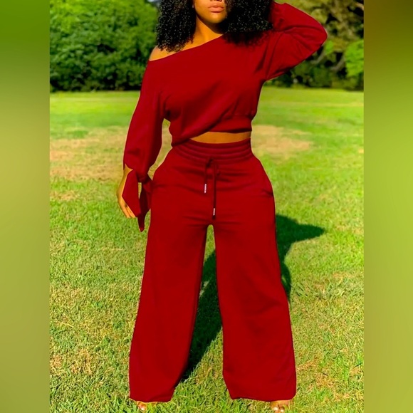 2 Piece: Slanted Shoulder Long Sleeve Tops w/Matching Drawstring Pants, NWOT - Picture 5 of 10
